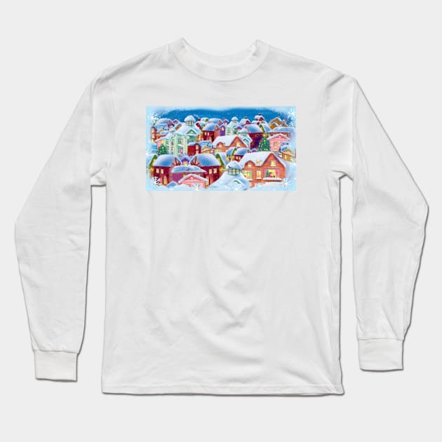 Christmas illustration - an evening European city with burning windows, snow-capped roofs and Christmas trees, children and a snowman - a cozy picture for a postcard, poster, book. Long Sleeve T-Shirt by sonaart